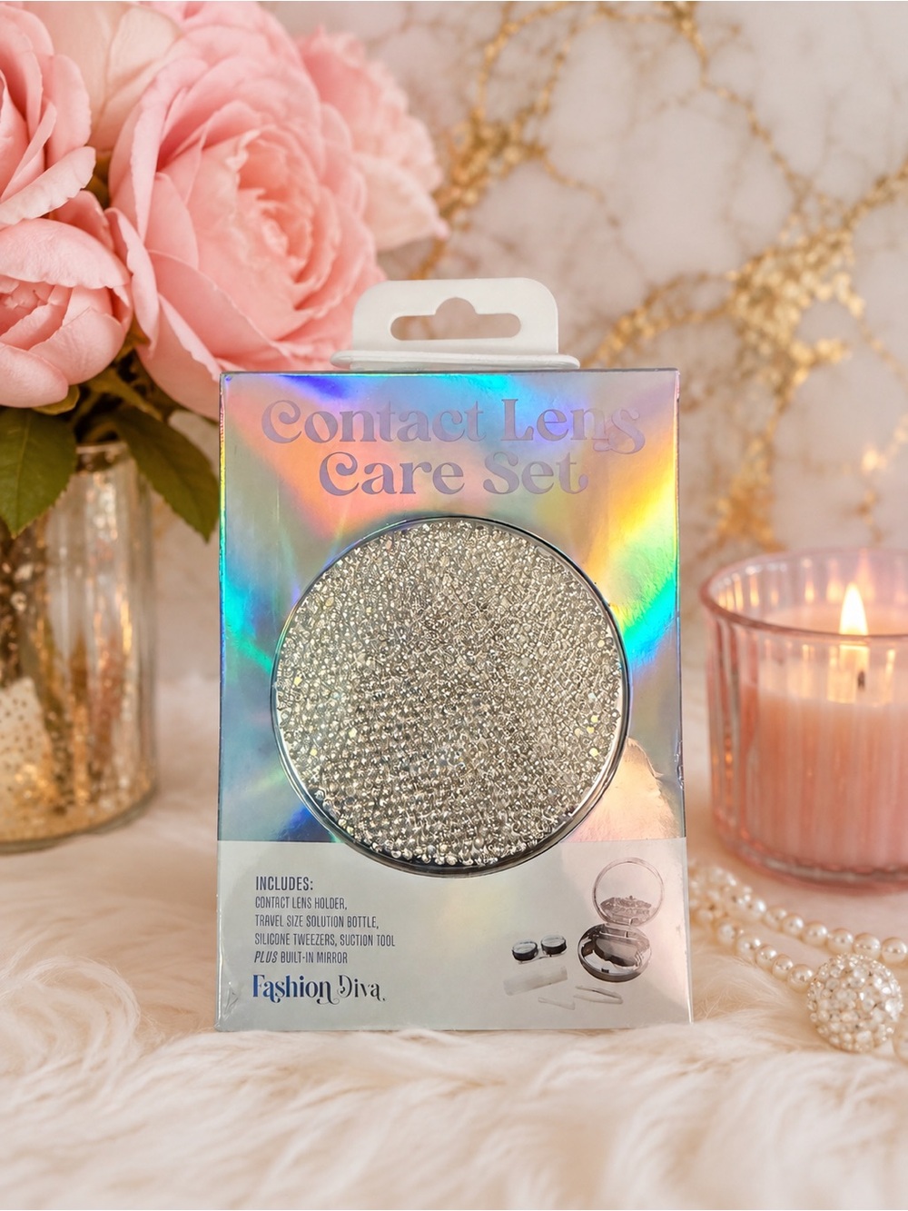 Fashion Diva Rhinestone Contact Lens Care Set Travel Kit With Mirror